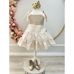 Vestido Infantil de Alça Bege Casual Luxo