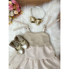 Vestido Infantil de Alça Bege Casual Luxo