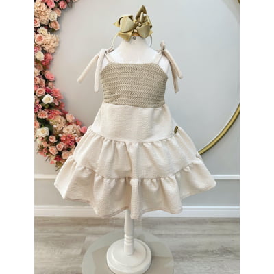 Vestido Infantil de Alça Bege Casual Luxo