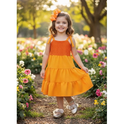 Vestido Infantil de Alça Laranja Casual Luxo Vestido Infantil de Alça Laranja Casual Luxo