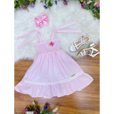 Vestido Infantil de Alça Rosa Claro Casual Festas Luxo