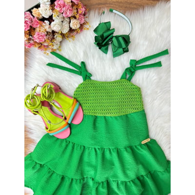 Vestido Infantil de Alça Verde Bandeira Casual Luxo