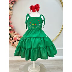 Vestido Infantil de Alça Verde Busto Bordado Casual Luxo