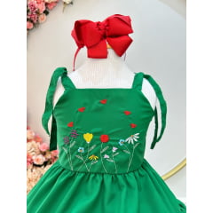 Vestido Infantil de Alça Verde Busto Bordado Casual Luxo