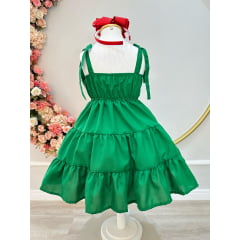 Vestido Infantil de Alça Verde Busto Bordado Casual Luxo