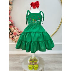 Vestido Infantil de Alça Verde Busto Bordado Casual Luxo