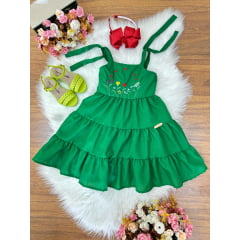 Vestido Infantil de Alça Verde Busto Bordado Casual Luxo