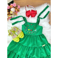 Vestido Infantil de Alça Verde Busto Bordado Casual Luxo