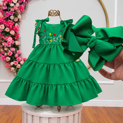 Vestido Infantil de Alça Verde Busto Bordado Casual Luxo