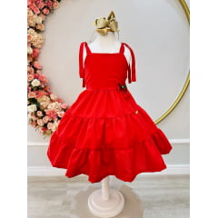 Vestido Infantil de Alça Vermelho Aplique Broche Casual Luxo