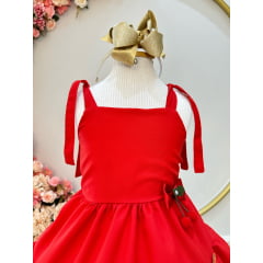 Vestido Infantil de Alça Vermelho Aplique Broche Casual Luxo