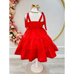 Vestido Infantil de Alça Vermelho Aplique Broche Casual Luxo