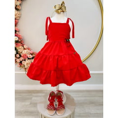 Vestido Infantil de Alça Vermelho Aplique Broche Casual Luxo