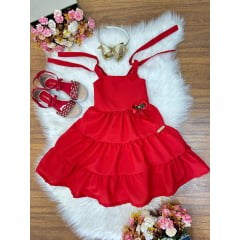 Vestido Infantil de Alça Vermelho Aplique Broche Casual Luxo