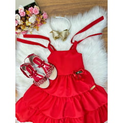 Vestido Infantil de Alça Vermelho Aplique Broche Casual Luxo