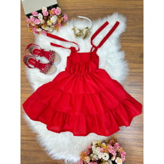 Vestido Infantil de Alça Vermelho Aplique Broche Casual Luxo