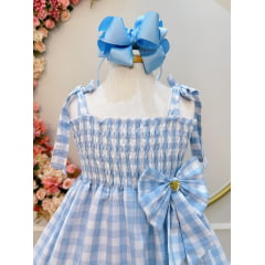 Vestido Infantil de Alça Xadrez Azul Claro C/ Broche Casual