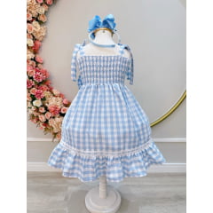 Vestido Infantil de Alça Xadrez Azul Claro C/ Broche Casual