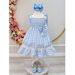 Vestido Infantil de Alça Xadrez Azul Claro C/ Broche Casual