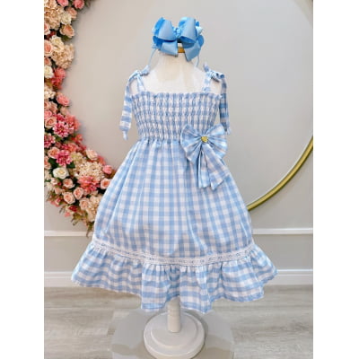 Vestido Infantil de Alça Xadrez Azul Claro C/ Broche Casual