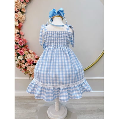 Vestido Infantil de Alça Xadrez Azul Claro C/ Broche Casual