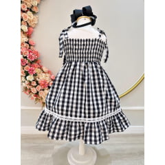 Vestido Infantil de Alça Xadrez Preto C/ Broche Casual Luxo