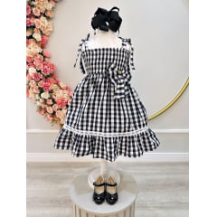 Vestido Infantil de Alça Xadrez Preto C/ Broche Casual Luxo