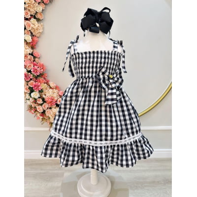 Vestido Infantil de Alça Xadrez Preto C/ Broche Casual Luxo