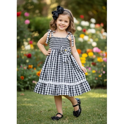 Vestido Infantil de Alça Xadrez Preto C/ Broche Casual Luxo