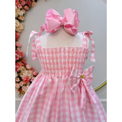 Vestido Infantil de Alça Xadrez Rosa Claro C/ Broche Casual