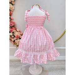 Vestido Infantil de Alça Xadrez Rosa Claro C/ Broche Casual