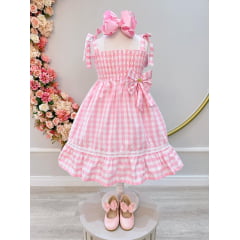 Vestido Infantil de Alça Xadrez Rosa Claro C/ Broche Casual