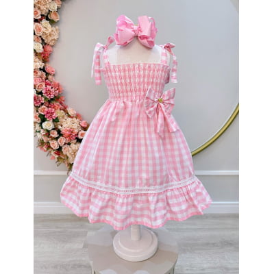 Vestido Infantil de Alça Xadrez Rosa Claro C/ Broche Casual