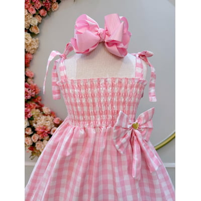 Vestido Infantil de Alça Xadrez Rosa Claro C/ Broche Casual