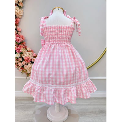 Vestido Infantil de Alça Xadrez Rosa Claro C/ Broche Casual