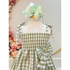 Vestido Infantil de Alça Xadrez Verde Claro C/ Broche Casual