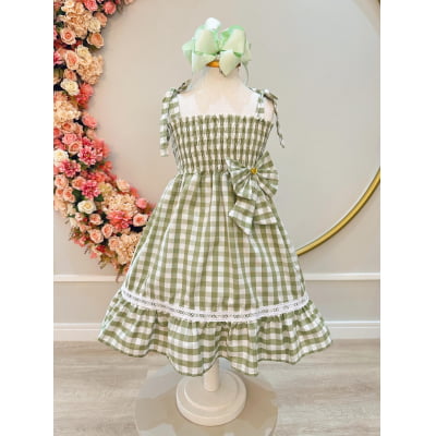 Vestido Infantil de Alça Xadrez Verde Claro C/ Broche Casual