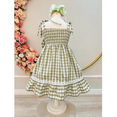 Vestido Infantil de Alça Xadrez Verde Claro C/ Broche Casual