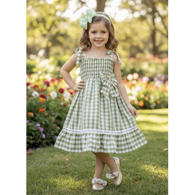 Vestido Infantil de Alça Xadrez Verde Claro C/ Broche Casual