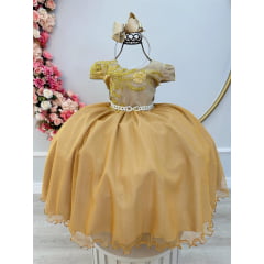 Vestido Infantil Dourado C/ Renda Realeza e Pérolas Damas