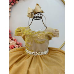 Vestido Infantil Dourado C/ Renda Realeza e Pérolas Damas