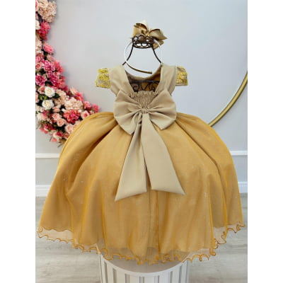 Vestido Infantil Dourado C/ Renda Realeza e Pérolas Damas