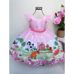 Vestido Infantil Fazendinha Rosa Animais Luxo Princesas