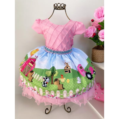 Vestido Infantil Fazendinha Rosa Luxo Festa