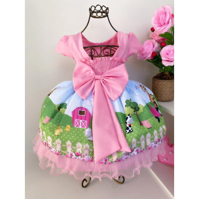 Vestido Infantil Fazendinha Rosa Luxo Festa