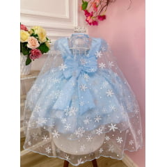 Vestido Infantil Frozen Princesas C/ Capa e Cinto de Pérolas