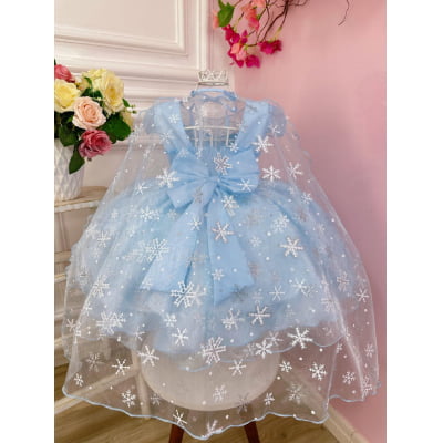 Vestido Infantil Frozen Princesas C/ Capa e Cinto de Pérolas