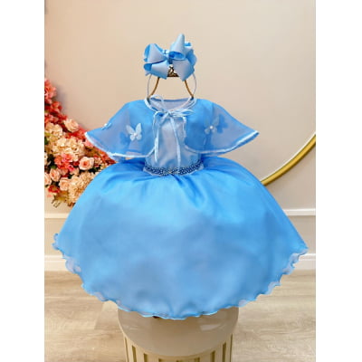 Vestido Infantil Azul Bebê Frozen Tule Com Echarpe Festa