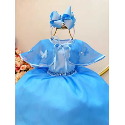Vestido Infantil Azul Bebê Frozen Tule Com Echarpe Festa