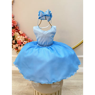 Vestido Infantil Azul Bebê Frozen Tule Com Echarpe Festa